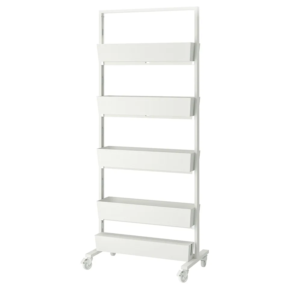 A MITTZON mobile shelving unit, white, with metal frame and plastic trays, designed for organising and dividing spaces.