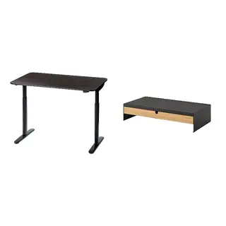 BOLLSIDAN/ELLOVEN set: desk sit/stand + monitor stand with drawer, walnut effect/black + anthracite, Width 120 x Depth 70 cm