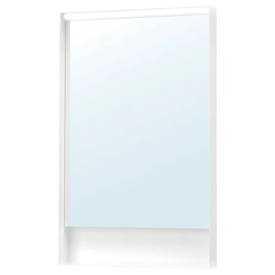 The FAXÄLVEN mirror a sleek, rectangular white frame with integrated lighting for a shadow-free reflection.