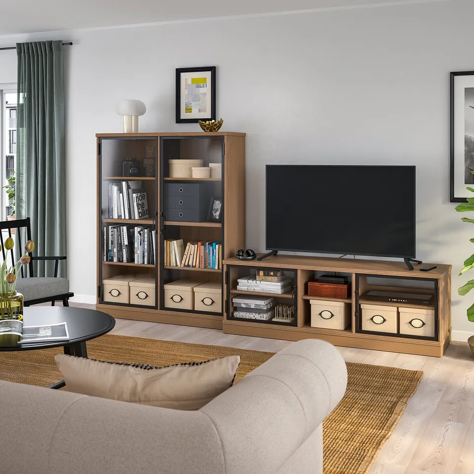 Modern living room with LANESUND tv stand and shelves, a neutral sofa, and rug.