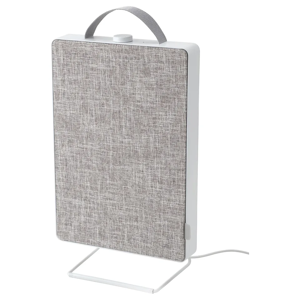 FÖRNUFTIG air purifier, white, rectangular with fabric cover, stand or wall mount, grey handle.