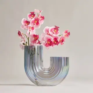 RÄFFELBJÖRK/SMYCKA set: artificial flower x2 + vase, in/outdoor/Orchid pink + mother-of-pearl colour, 60 cm