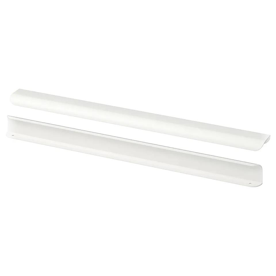 Two white, elongated BILLSBRO handles for furniture, made of aluminium with a powder-coated finish.