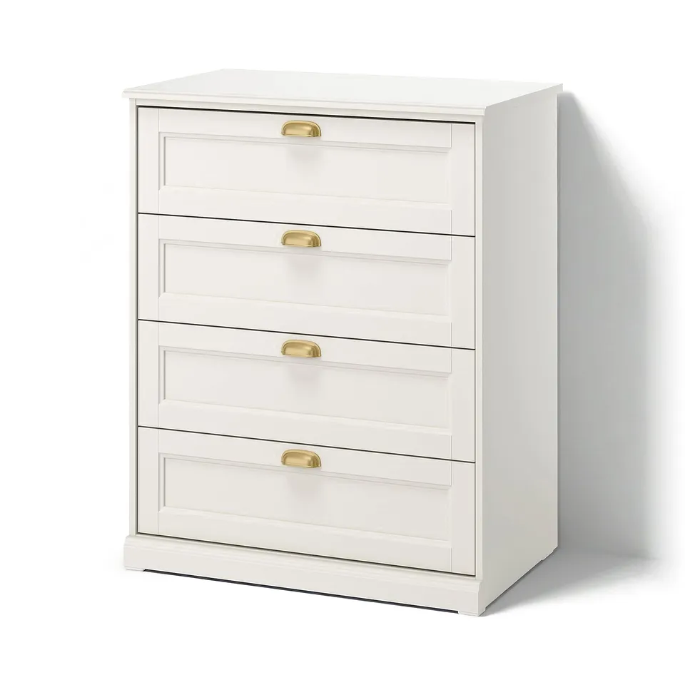 White chest with four drawers and brass handles. Classic, rectangular shape with framed fronts and profiled edges.