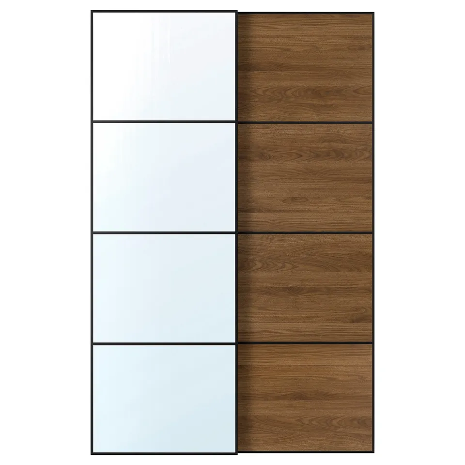 AULI / MEHAMN Pair of sliding doors, black mirror glass/double sided walnut, 150x236 cm