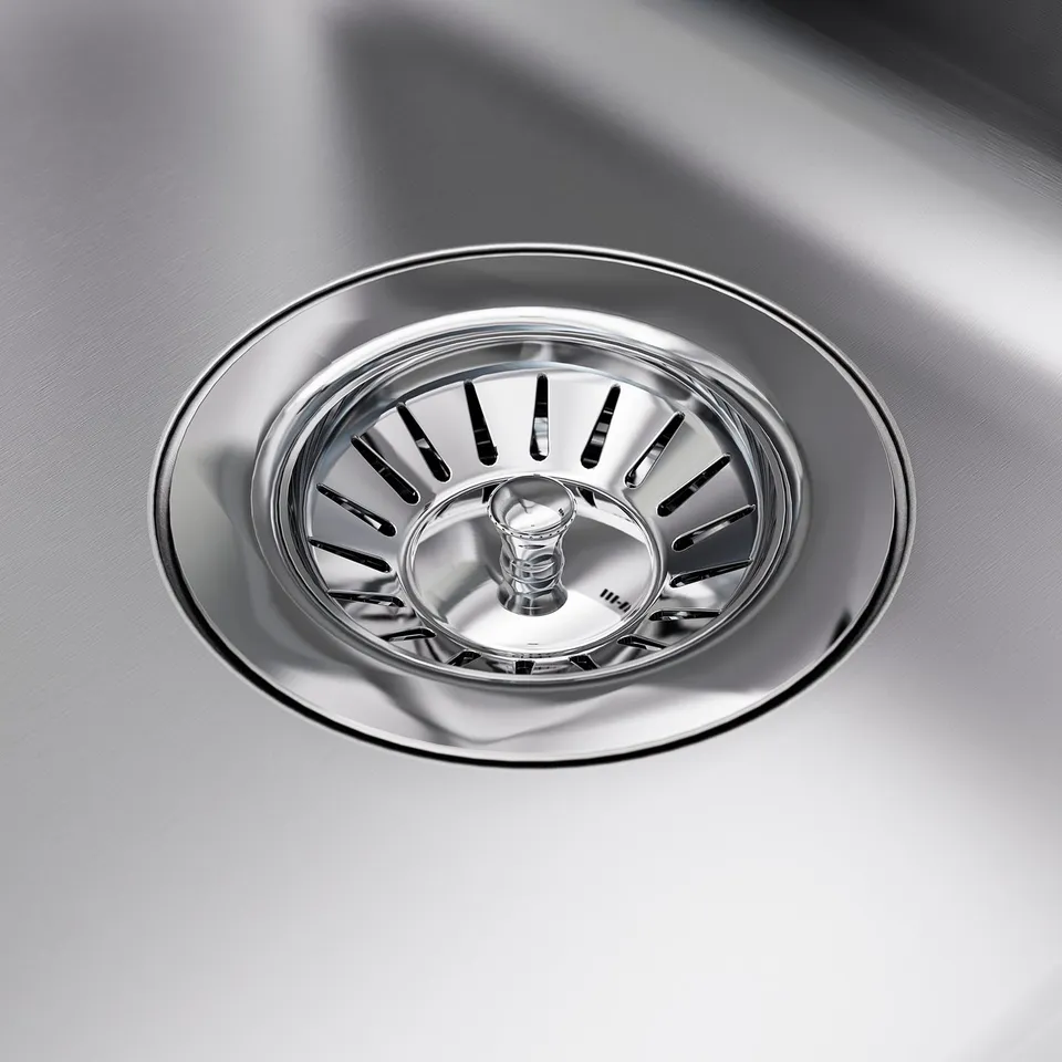 Polished sink strainer in stainless steel, part of BOHOLMENs durable kitchen line. Reflects light, highlighting its smooth, high-quality finish.