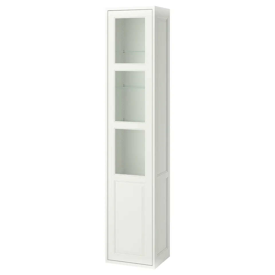 White TÄNNFORSEN tall cabinet, glass door, classic design.