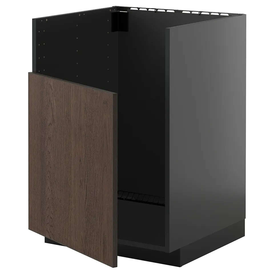 METOD kitchen unit in dark grey & brown wood, open design, modern.