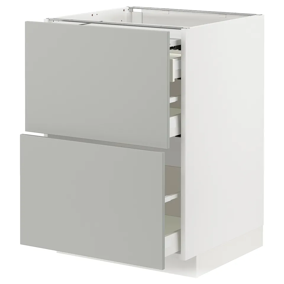 Modern light grey kitchen unit with 3 drawers, sleek design.