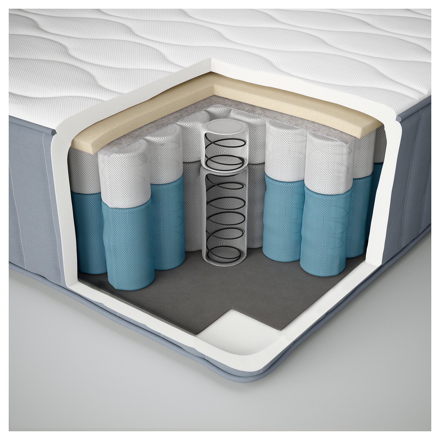 Cross-section of mattress layers: foam top, pocket springs, foam base, overlaid with fabric.