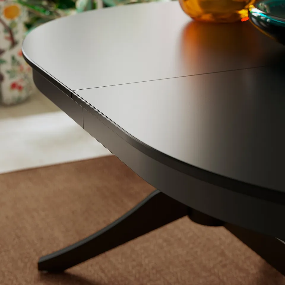 ROSENTORP / NÄSINGE Table and 6 chairs, black/Kilanda light beige dark brown stained, 160/215x110 cm