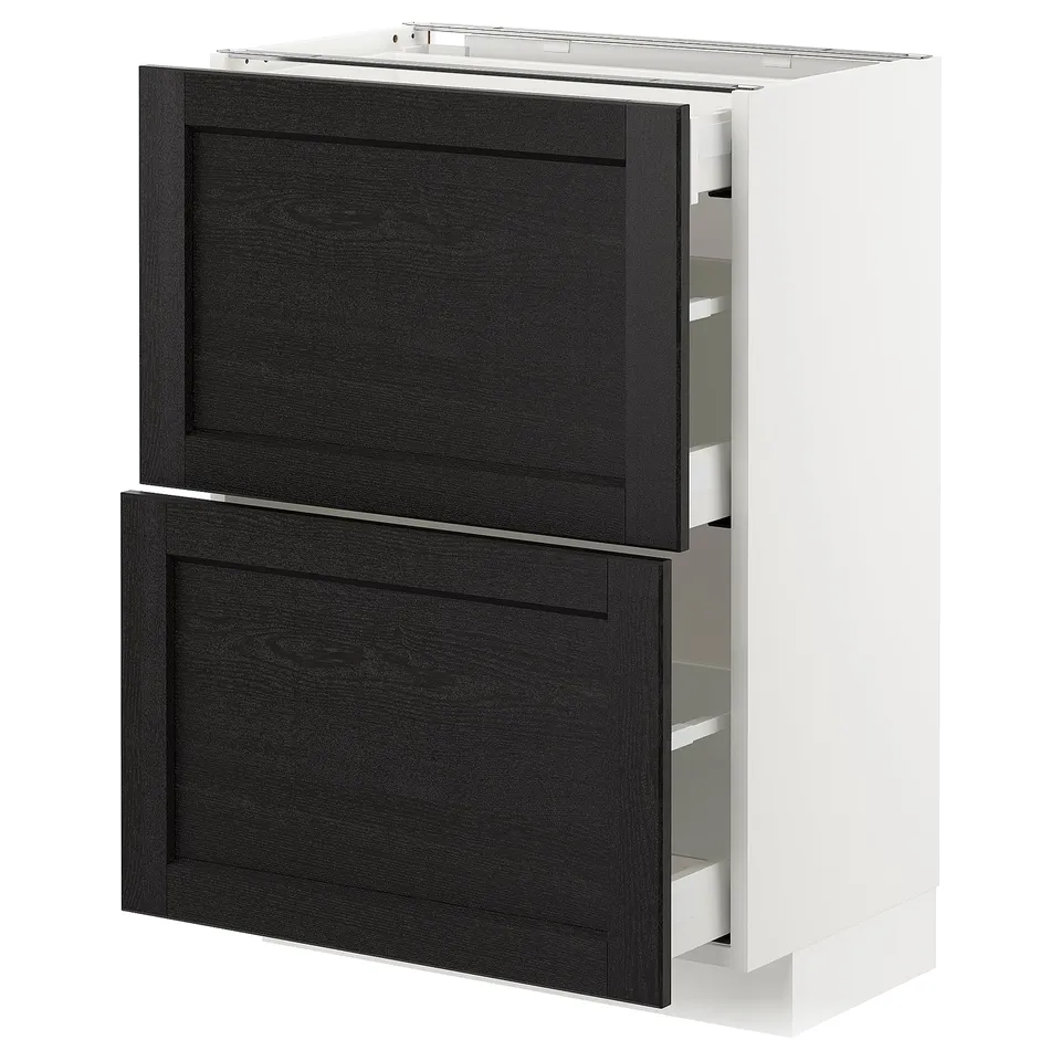 Modern black and white kitchen cabinet with pullout drawers.