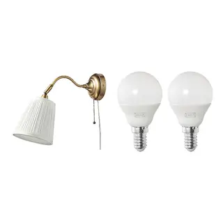SOLHETTA/ÅRSTID set: wall lamp + LED bulb E14 470 lumen, brass/white + globe opal white, Depth 38 cm