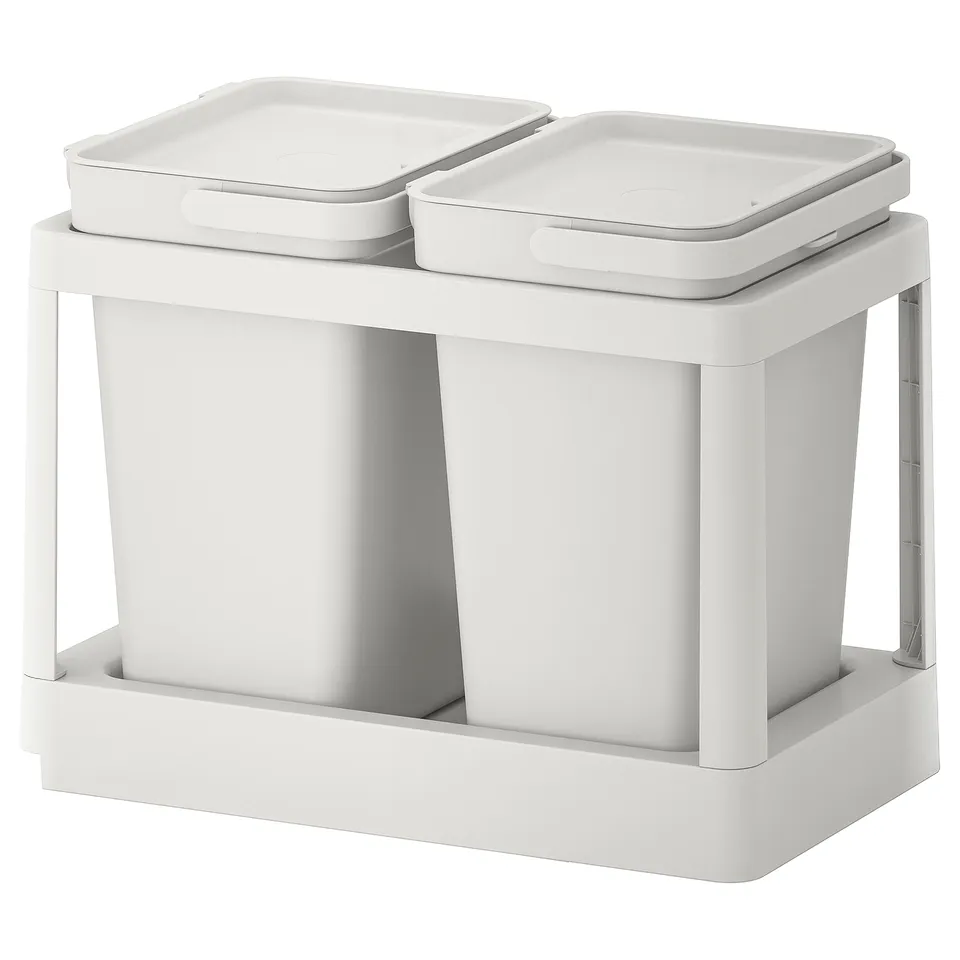 White HÅLLBAR waste sorting bin with lid. Sleek, rectangular design. Suitable for recycling and cabinet storage.