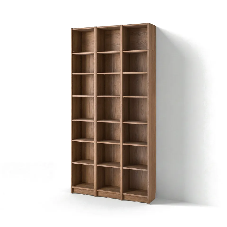 BILLY bookcase, tall wooden shelves, three sections, light brown, clean design.