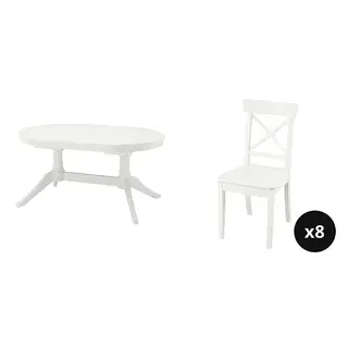 ROSENTORP set: extendable table + chair x8, white, 160/215x110 cm