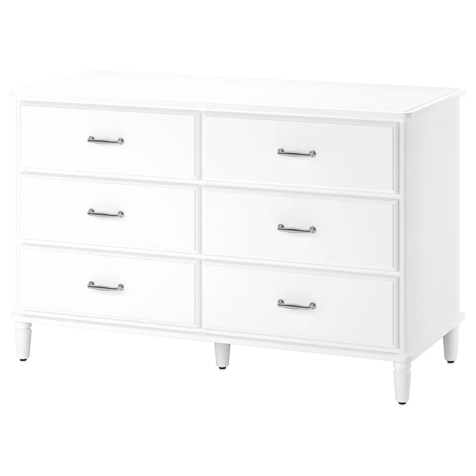 White TYSSEDAL 6-drawer chest with silver handles, sleek scandinavian design.