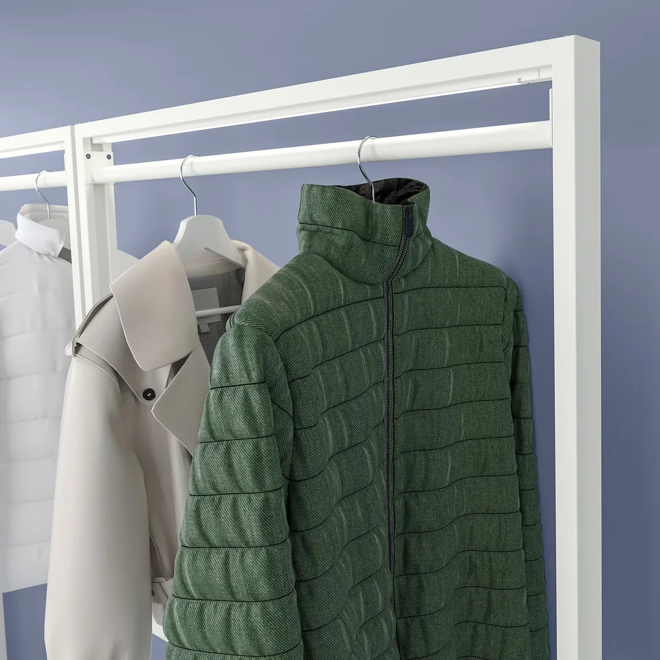 MITTZON room divider with rails: green jacket, grey coat.