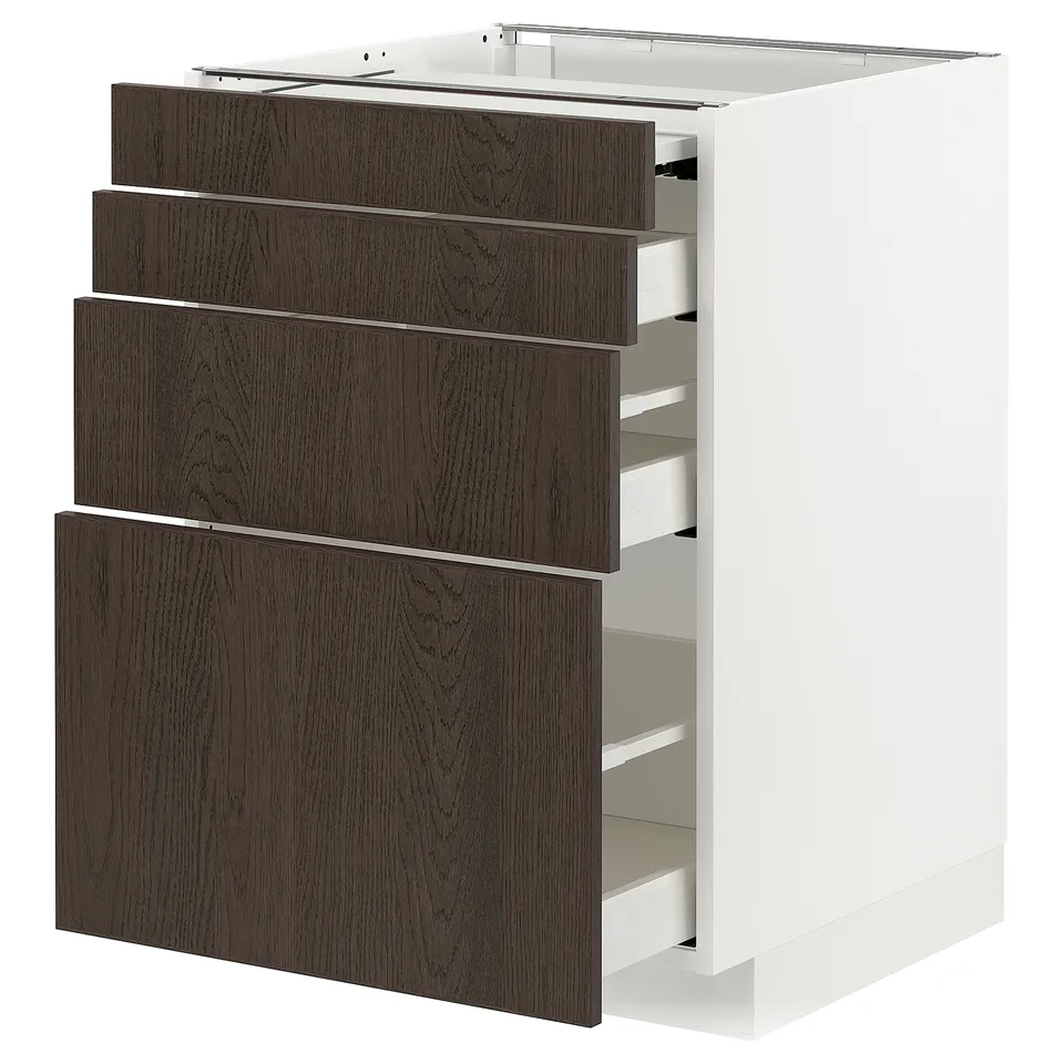 Modern kitchen cabinet with dark brown wood drawers, sleek handles, and white frame.