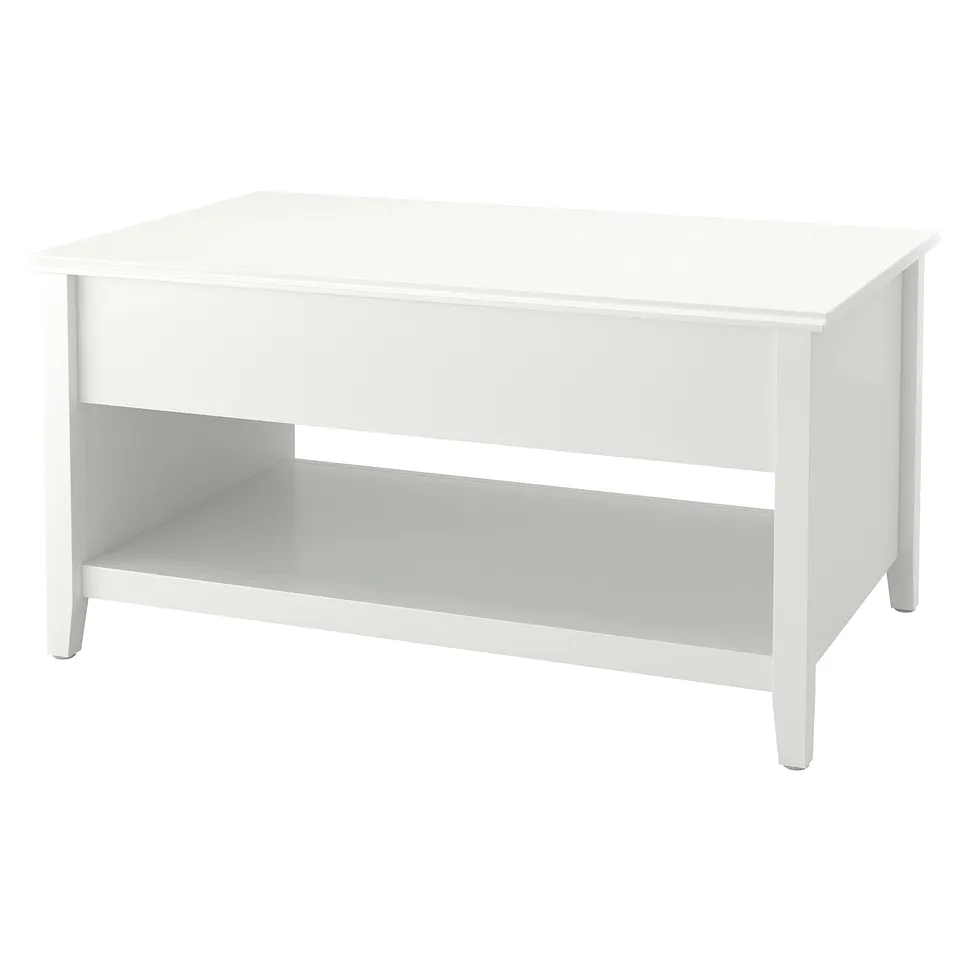 A white VITTERYD coffee table with adjustable height, a hidden storage space, and an open shelf.