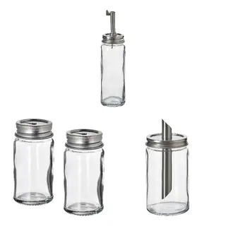 CITRONHAJ set: oil/vinegar bottle + salt and pepper shakers + sugar shaker, clear glass/stainless steel, 16 cm