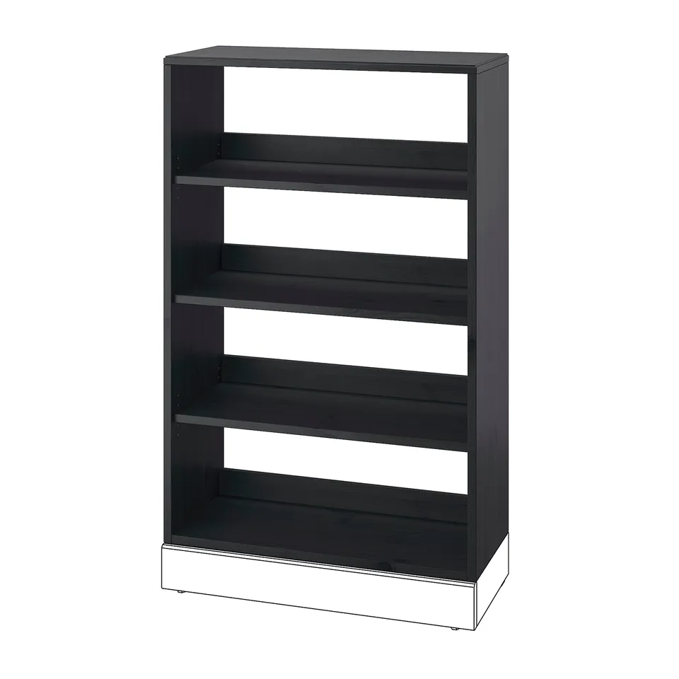 Black wooden bookcase, four open shelves, sturdy build, rustic charm.