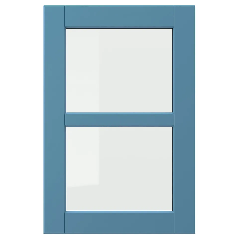 LERHYTTAN blue door with square panels and bevelled edges. Solid birch frame, tempered glass panels. Rustic, traditional design.