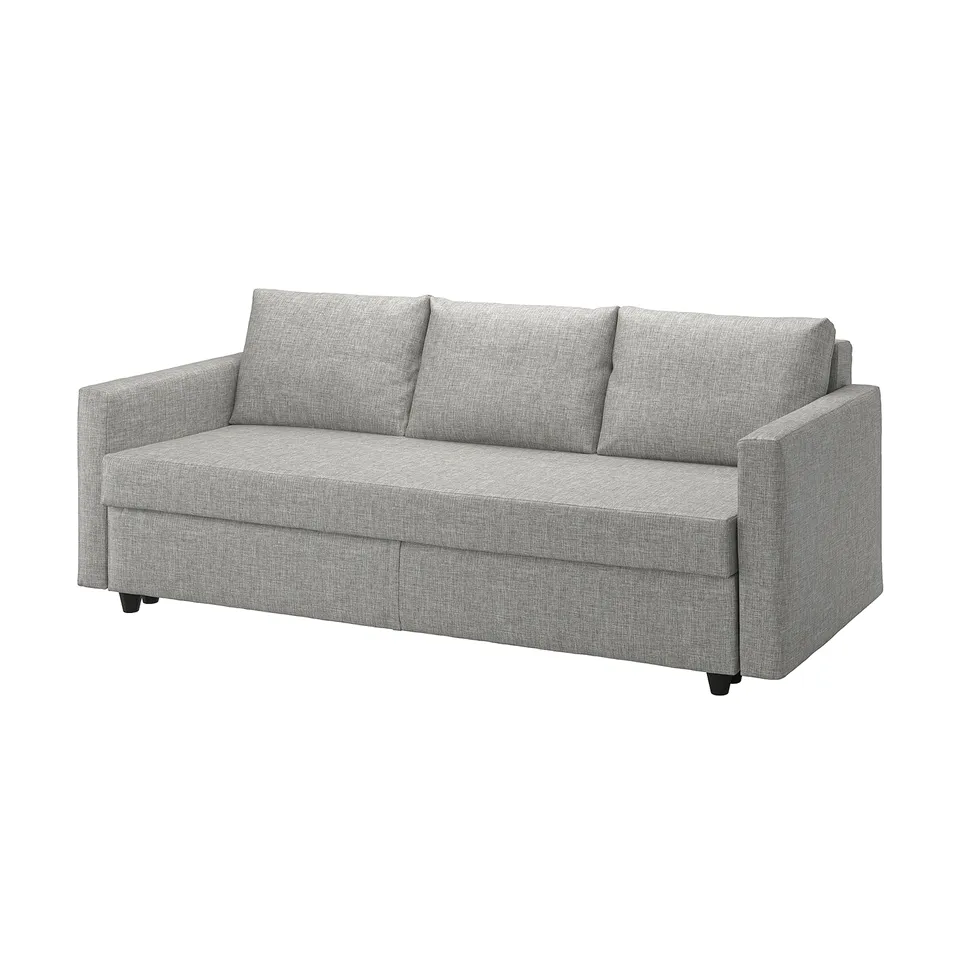 A light grey FRIHETEN sofa bed with cushions and storage.