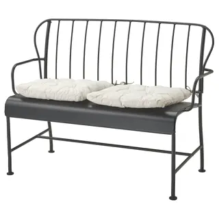 LÄCKÖ 2-seat sofa, outdoor, grey/Kuddarna light grey-beige, Width 115 x Depth 56 x Height 87 cm