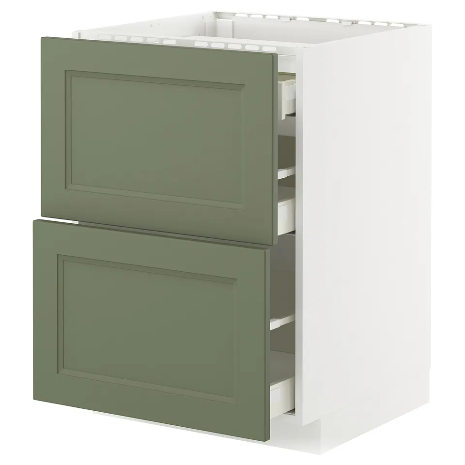 Green-white kitchen cabinet with 2 drawers, modern design, smooth-running, partially open.