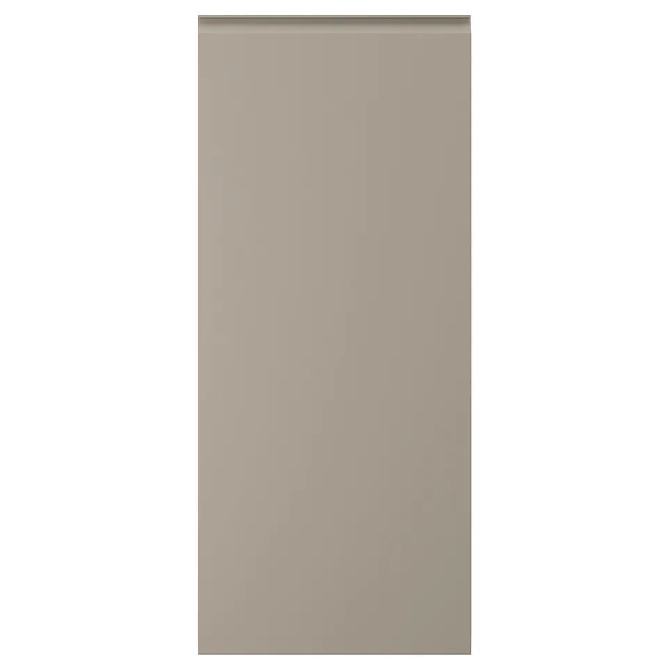 UPPLÖV beige kitchen door with sleek, integrated handle, chamfered edges, recycled materials.