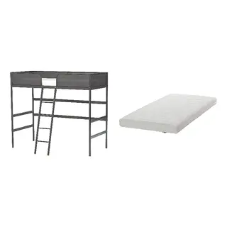 TUFFING/ÅFJÄLL set: loft bed frame + foam mattress, dark grey + firm/white, 90x200 cm