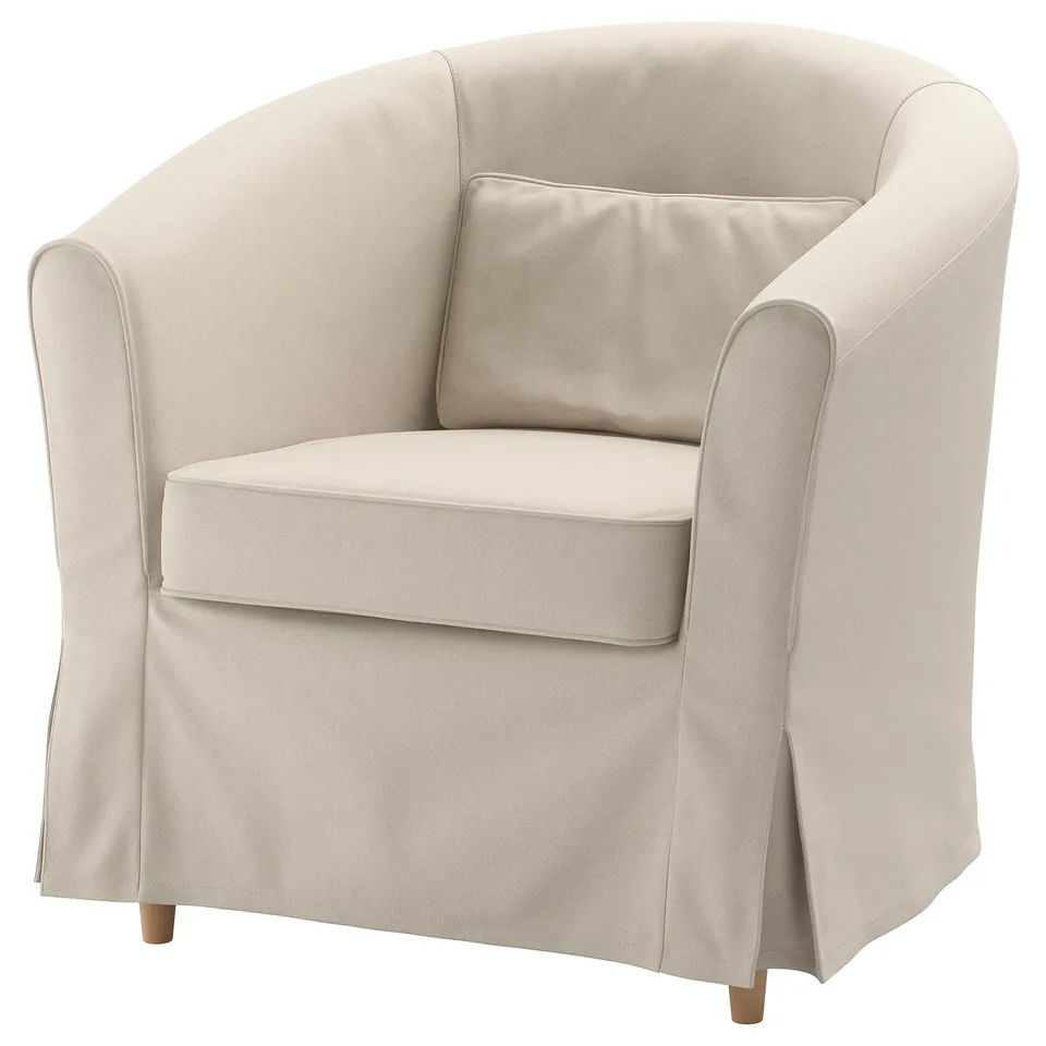 TULLSTA chair, beige, rounded shape, armrests, upholstered fabric.