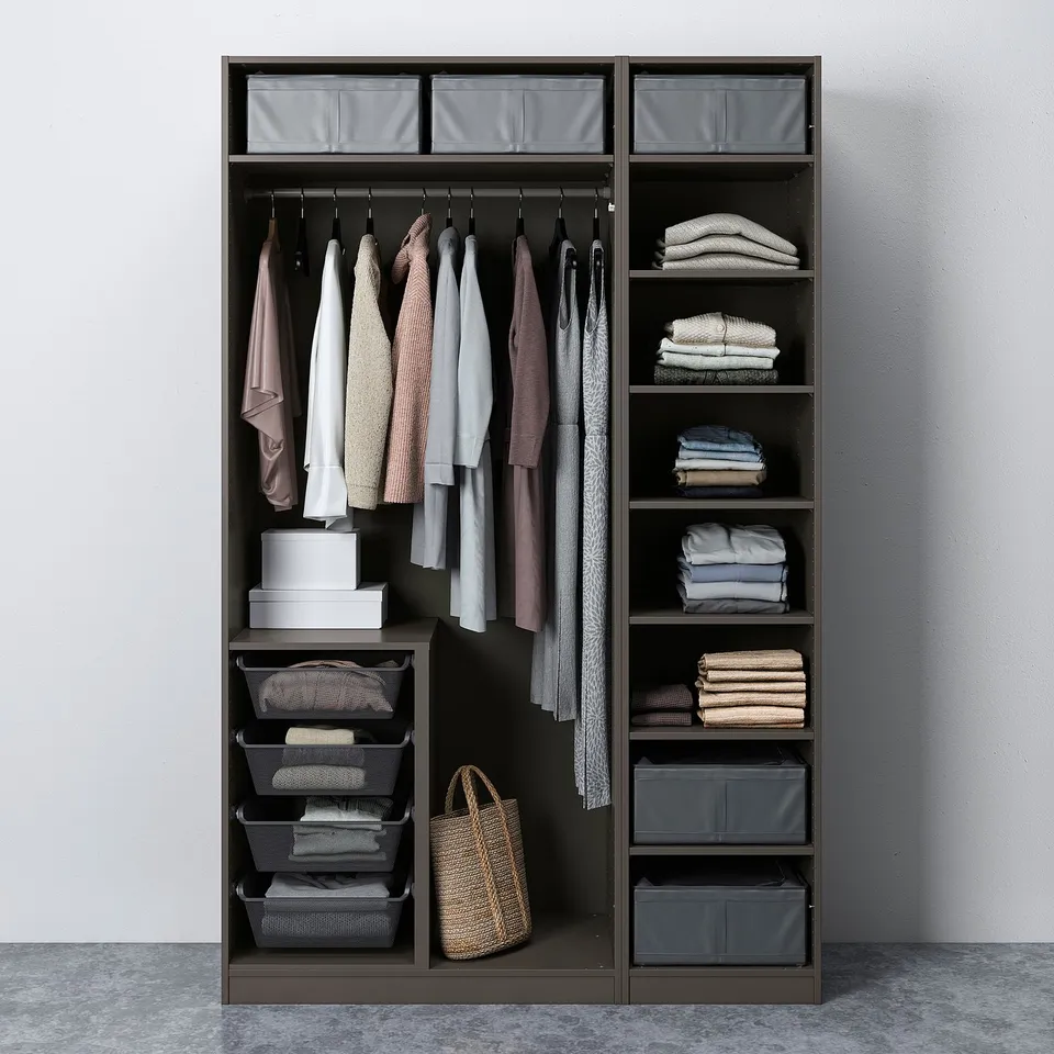 Modern closet organising clothes and accessories with shelves and hanging space.