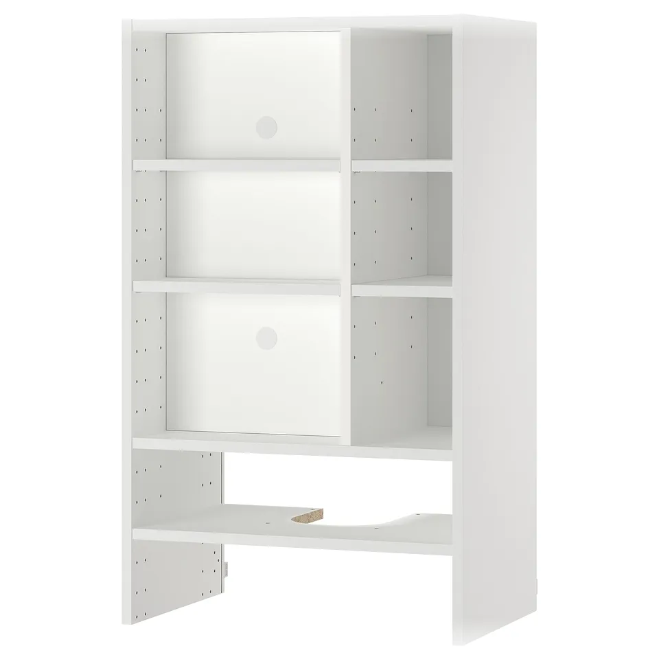 White METOD wall cabinet with open shelves, modern design for organising and hiding ventilation.