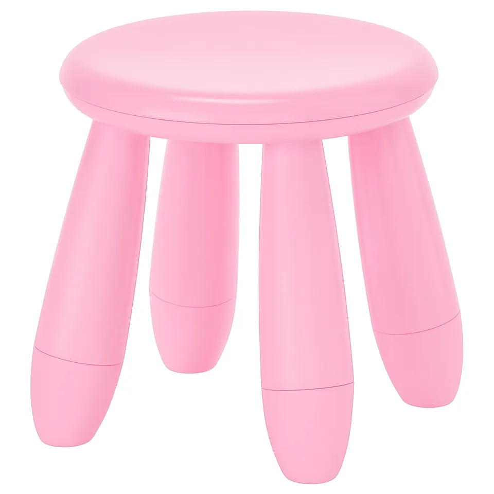 A bright pink MAMMUT stool for kids, featuring a round seat, four curved legs, and uv-protected polypropylene plastic design.