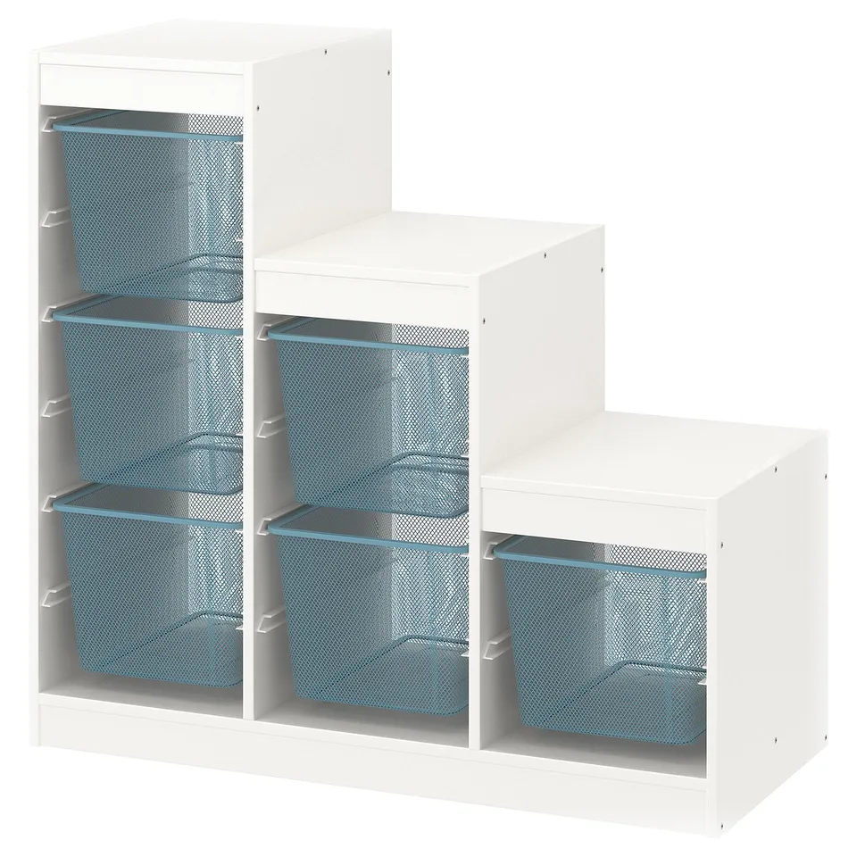 A white TROFAST storage unit with blue mesh bins. It has multiple tiers for organising items.