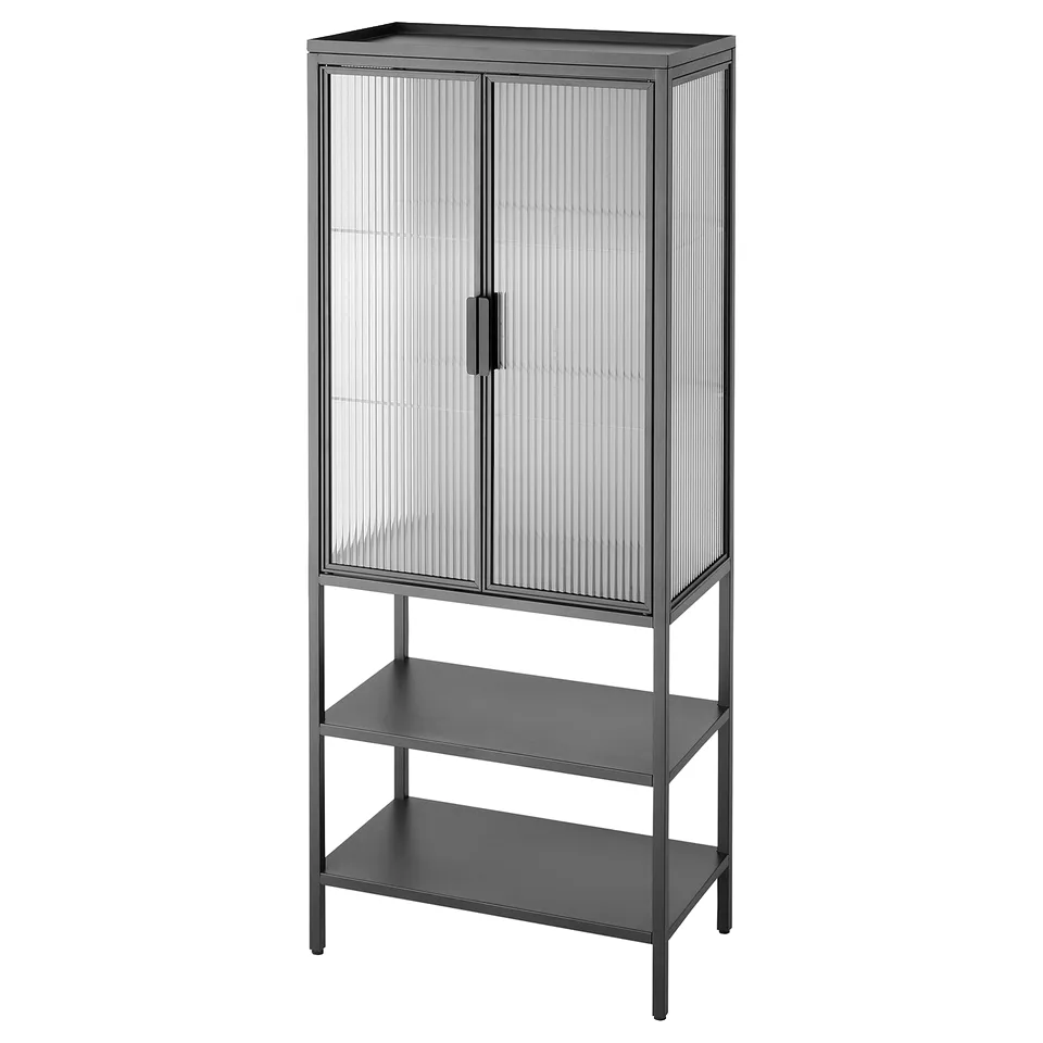 Black MOSSJÖN cabinet with fluted glass doors and open shelves. Sleek, adjustable design with tempered glass shelves.
