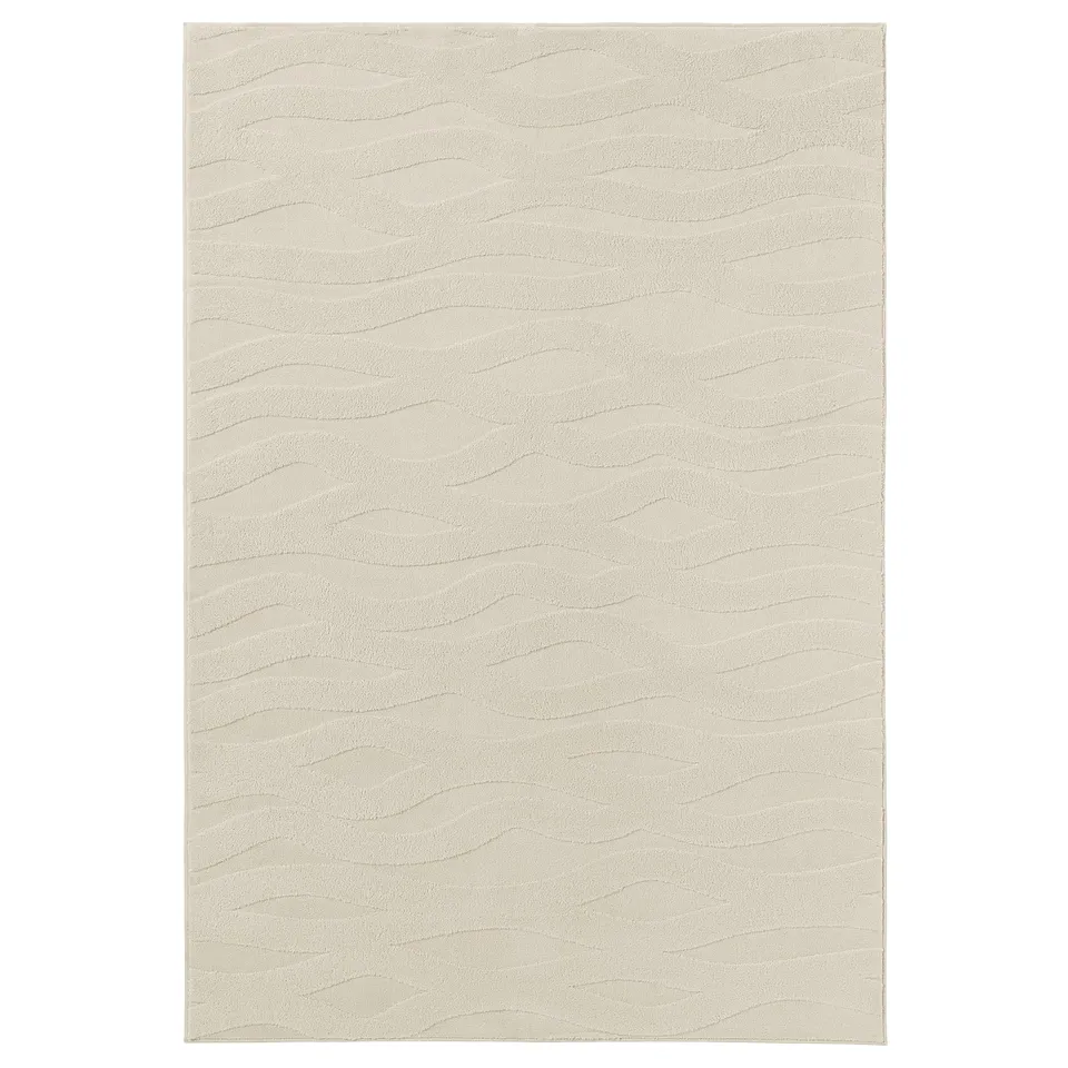 VÄXELFEL rug: light beige, soft polyester, rectangular, wavy 3d pattern.