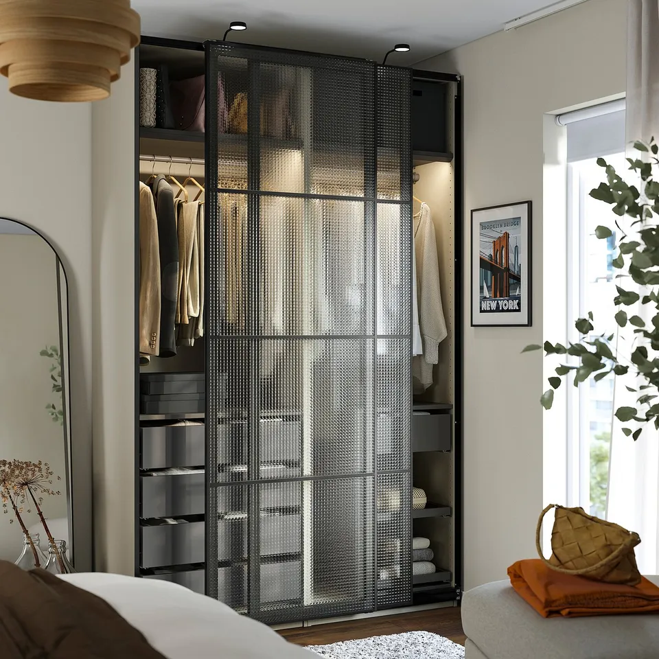 PAX / LUNDBRÄSMA Wardrobe with sliding doors, grey-beige black/checkered glass dark grey, 150x66x236 cm