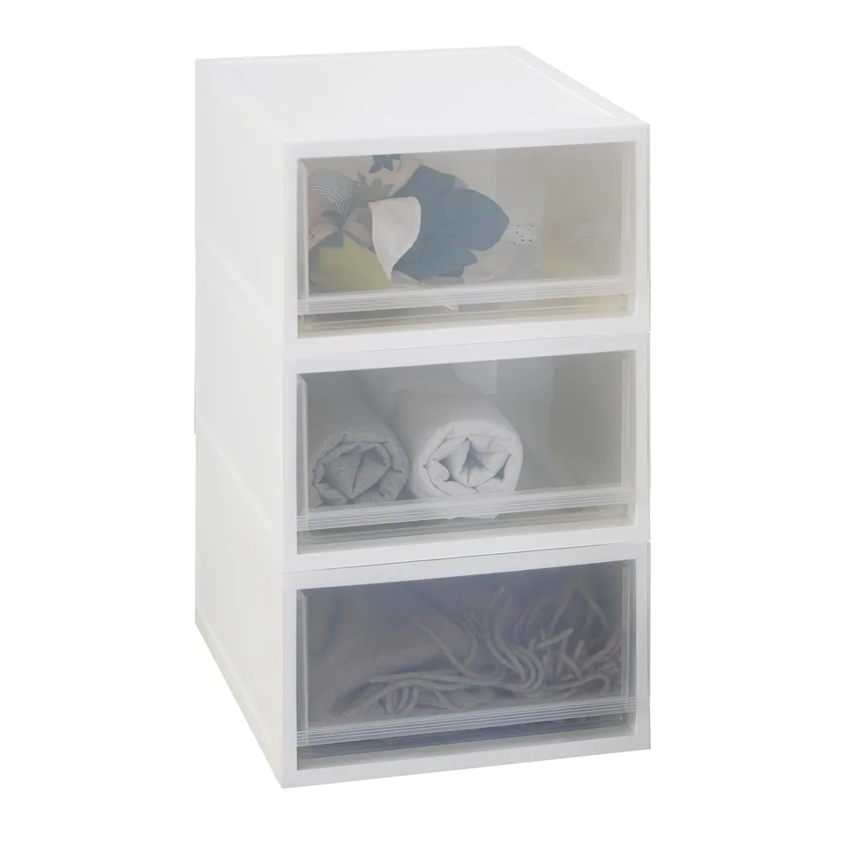 White storage unit with three transparent drawers, each containing folded clothes, easy to pull out.