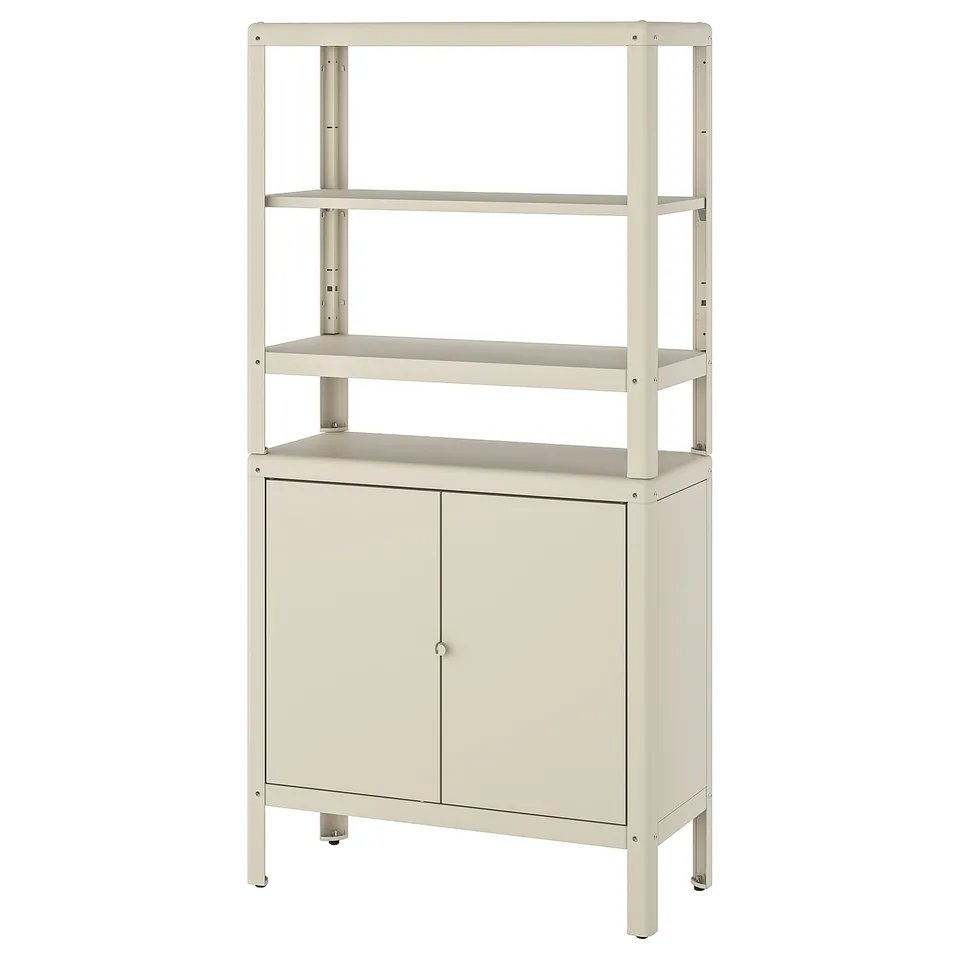 KOLBJÖRN white metal storage shelf & cabinet, adjustable feet, indoor/outdoor use.