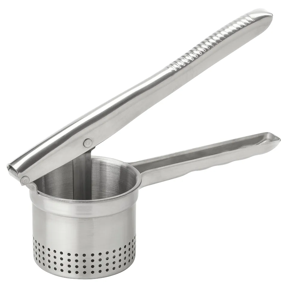 Stainless steel kitchen tool, long handle with grip, cylindrical base with holes, ideal for food preparation.