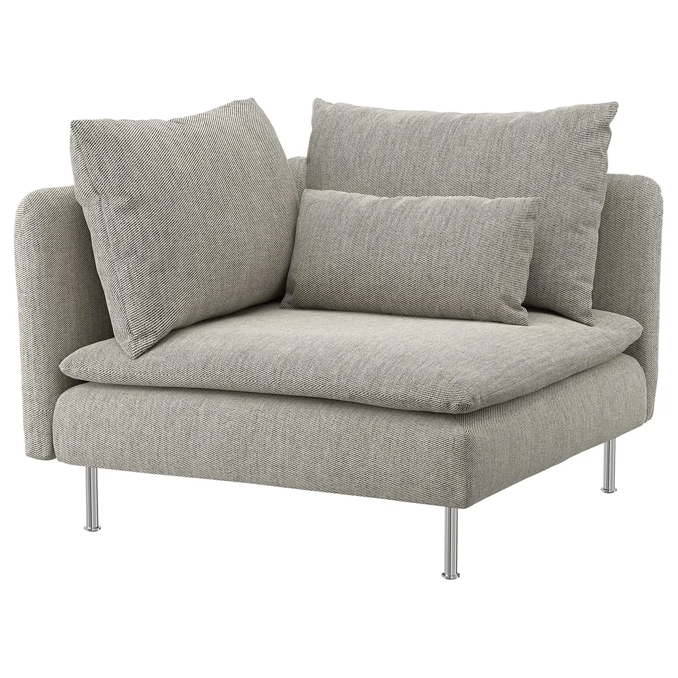 Grey fabric corner sofa chair with metal legs, textured. Modern design, ideal for living rooms.