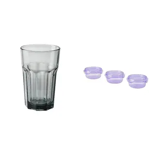 EN POKAL/PRUTA set: glass + food container with lid, grey + lilac, 35 cl