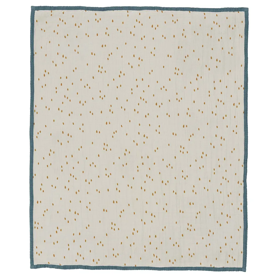 GULDVÄVARE baby blanket, off-white with brown dots, organic cotton, thick, square, bordered.