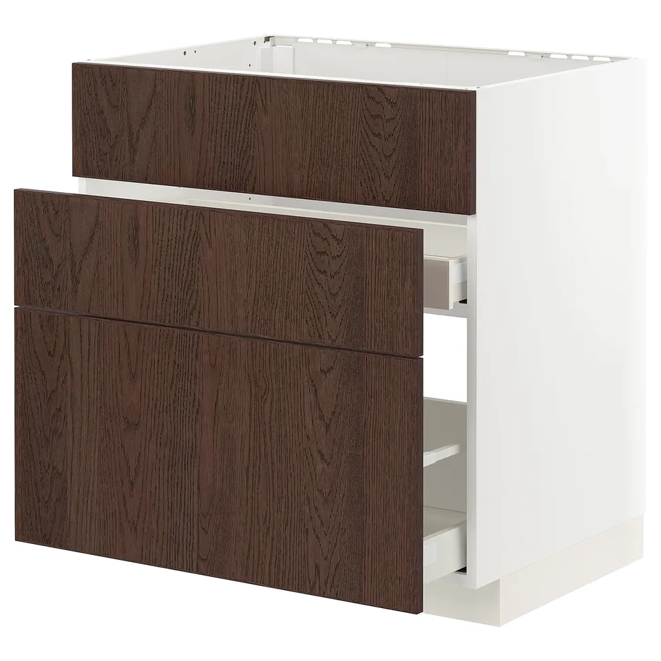 Dark wood drawers, white base, modern kitchen cabinet.