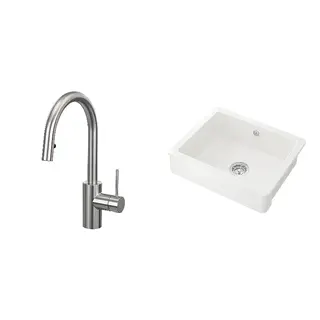 HAVSEN/SALLSJÖN set: sink bowl w visible front + kitchen mixer tap pull out, stainless steel colour + white, Height 370 mm