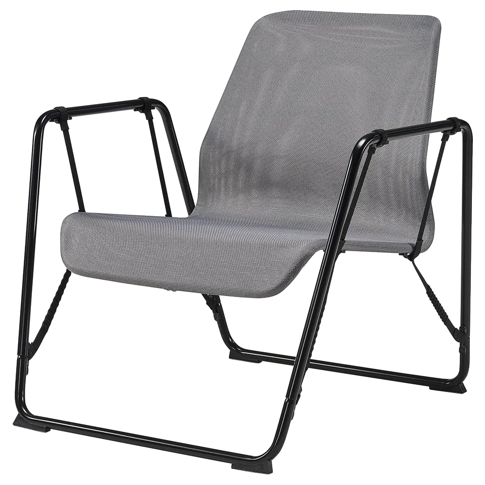 Grey BRÄNNBOLL easy chair. Metal frame, mesh back, ergonomic design.