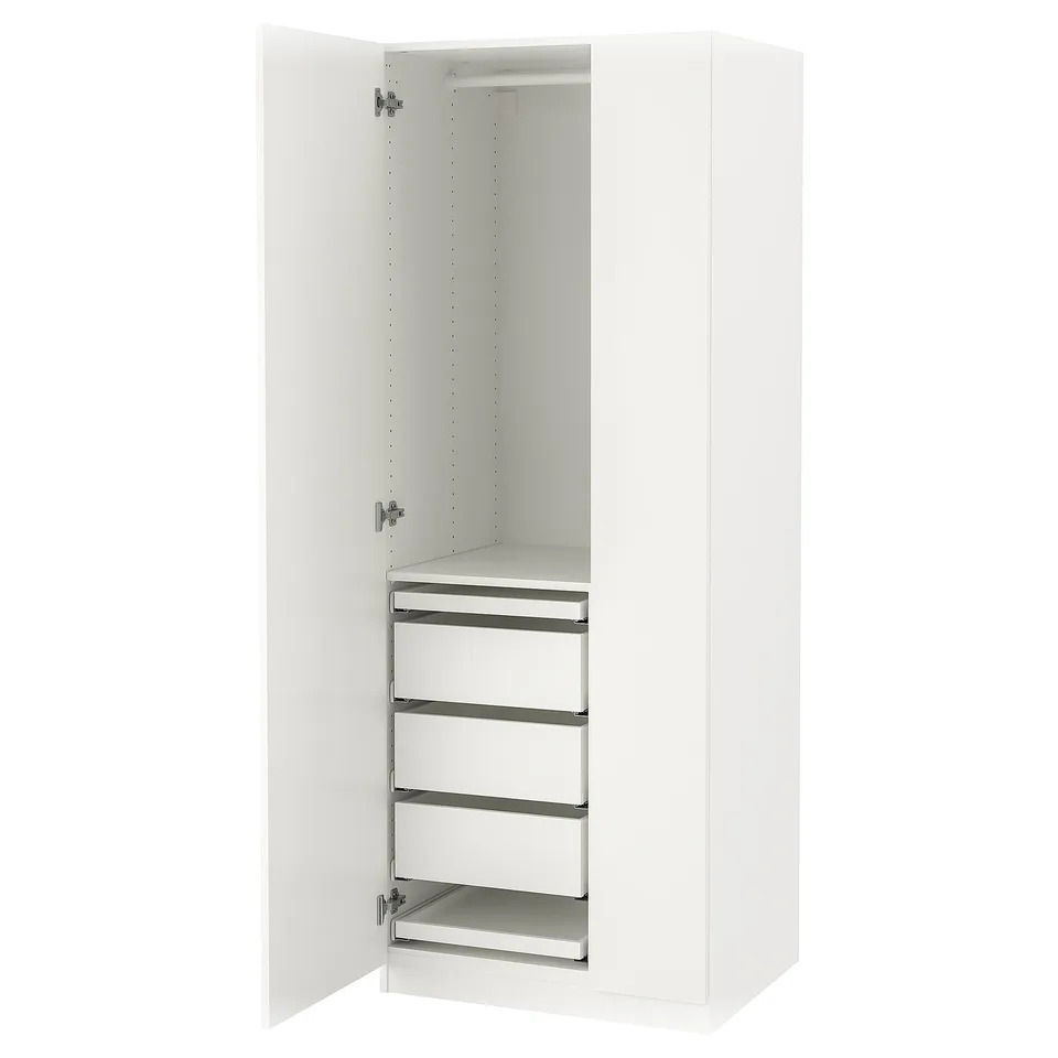 A PAX wardrobe in white with pull-out shelves. Its sleek and modern, designed for efficient storage.